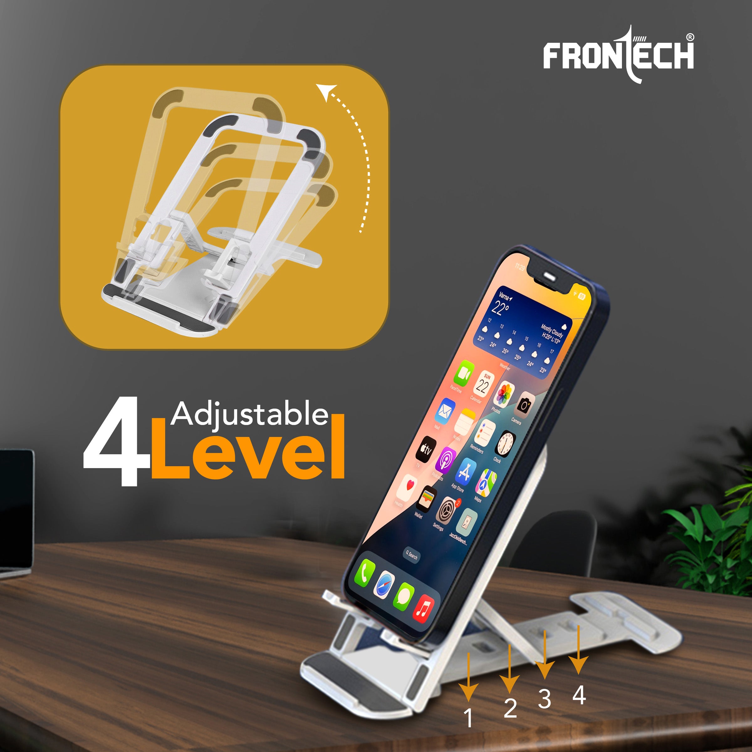 Frontech Mobile Phone Stand Holder, 4-Level Adjustable, Durable ABS Design with Rubber Pads, Foldable Desktop Phone Mount,( CCH-0013 ) Frontech Mobile Phone Stand Holder, 4-Level Adjustable, Durable ABS Design with Rubber Pads, Foldable Desktop Phone Mount,( CCH-0013 )